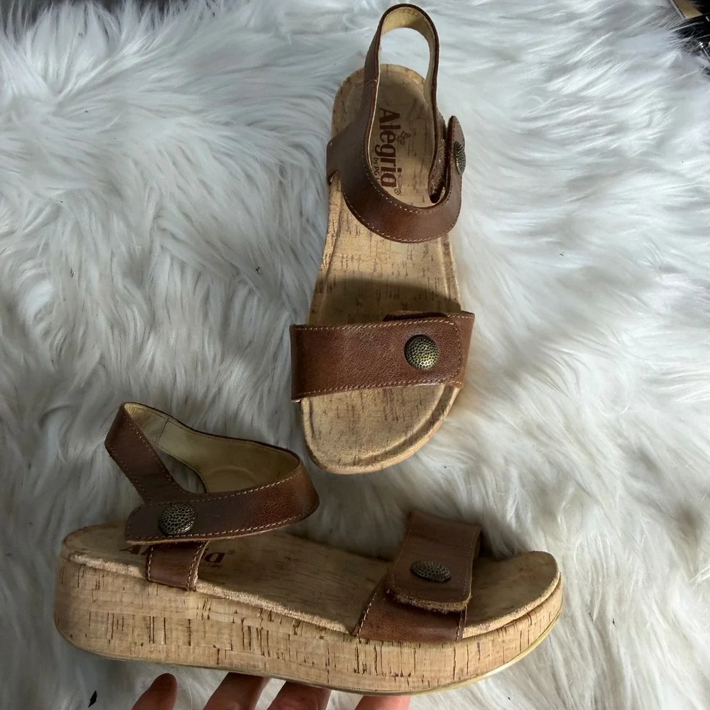 Alegria Marta Walnut Brown Leather Cork Platform Wedge Sandals MTA-6106 Women 36